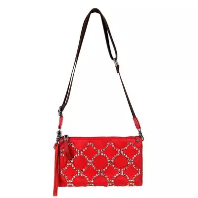 Montana West Crossbody Clutch Red Genuine Leather Crystals And Studs NEW • $27.99