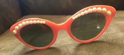 Vintage Willson USA Made Cat-eye Sunglasses Pearls Flare Orange Coral Euc 50s 60 • $59.99