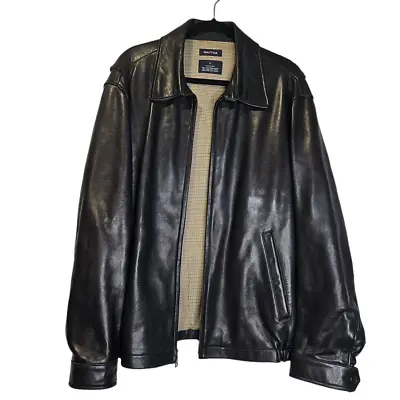 Vintage Y2K Nautica L Black Leather Bomber Jacket Full Zip Classic Western  • $112.50