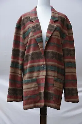 Vtg MARNIE WEST Wool Blend Fleece Red Green Southwestern Blanket Blazer Jacket M • $19.49