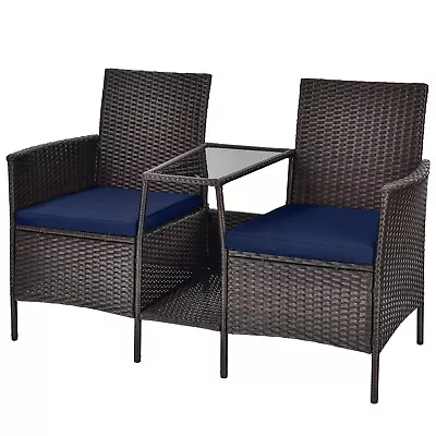 Outdoor Rattan Wicker Conversation Set Sofa Cushioned Loveseat Glass Table Navy • $109.49