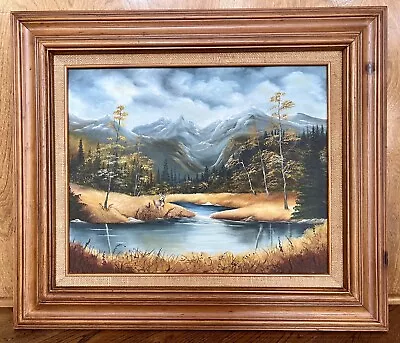 Vintage Landscape Oil Painting Of Mountain Forest Lake Deer Snow Signed & Framed • $85