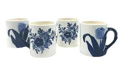 $34.95 • Buy Delft Blue Porcelain Coffee Mugs Tea Cups Hand Painted Tulip Flower Set Of 4 Vtg