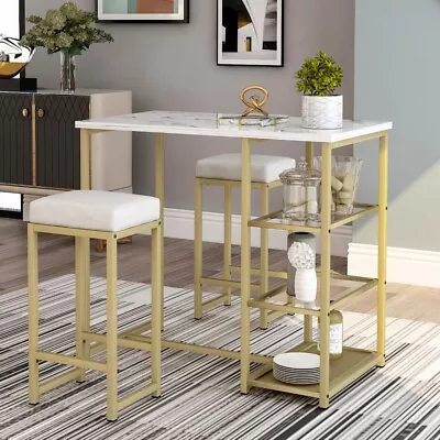 3-piece Modern Pub Set With Faux Marble Countertop And Bar Stools White/Gold • $218.99