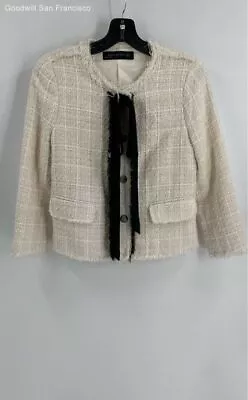 Zara Womens Ivory Long Sleeve Regular Fit Button Front Bow Tweed Jacket Small • $24.99