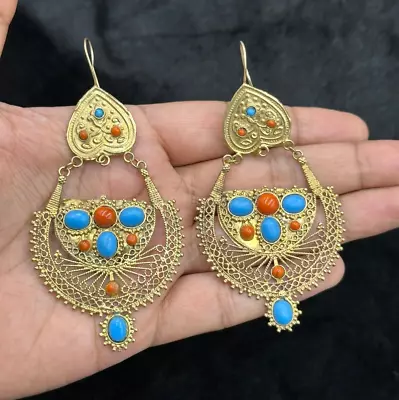 Vintage Turkmen Afghan Traditional Brass Gold Plated Boho Earring With Stones • $80