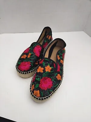 $45 • Buy Anthropologie Womens Floral Platform Espadrilles Flats Black 8 Slip Embroidery