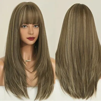 Wig - Human Hair Blend - Long Straight Layered Dark Brown Bangs Heat Resistant • $59.99