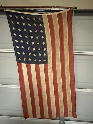 VINTAGE 48 Star Embroidered Flag USA American Linen Cotton 2 Sided • $25