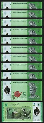 Malaysia 5 Ringgit 2011 2021 UNC 10 PCS LOT Polymer P-52c • $21.75