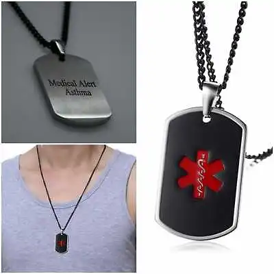 Asthma Asthmatic Medical Alert Necklace Stainless Steel Chain Curb Dog Tag • £9.99
