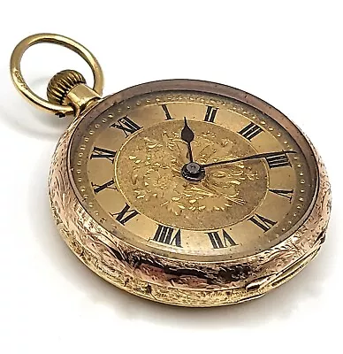 18ct Yellow Gold Victorian Fob Watch Engraved Gilt Dial Enamel Roman Numerals • £102