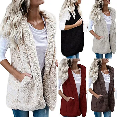 $21.69 • Buy Women Fuzzy Fleece Cardigan Vest Hooded Waistcoat Sleeveless Jacket Coats Top AU