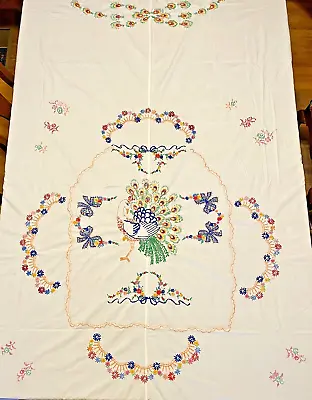 Vtg Embroidered Colorful Peacock Flowers Bows 80 X70  Rectangle Linen Tablecloth • $39