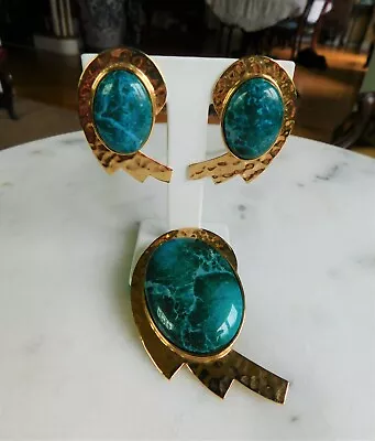 Gorgeous Retro Set Green Mottled Glass/Stone Brooch/Pendant & Clip Earrings • $75