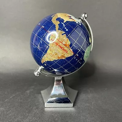 INLAID GEMSTONE Mini World Globe Silver Chrome Stand LAPIS BLUE Ocean 5-1/4  • $49.95