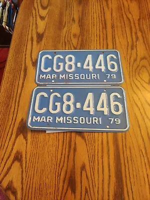 1979 Missouri License Plate Mo MARCH MAR 79 CG8 446 Set Of 2 Blue And White • $12.99