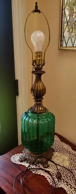 Vintage MCM Hollywood Regency Emerald Green Table Lamp - Ribbed Glass & Metal • $79.99