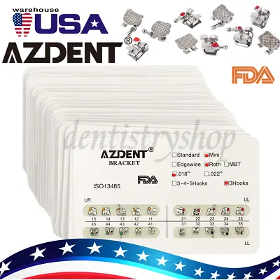 10X AZDENT Dental Ortho Brackets Mini/Standard MBT/Roth 022/018 Hooks 3 4 5 • $22.31