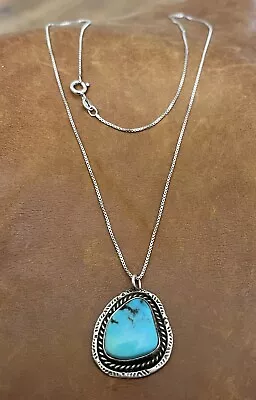 Old Native American Navajo Natural Turquoise Sterling Pendant Necklace 19.5” In • $110