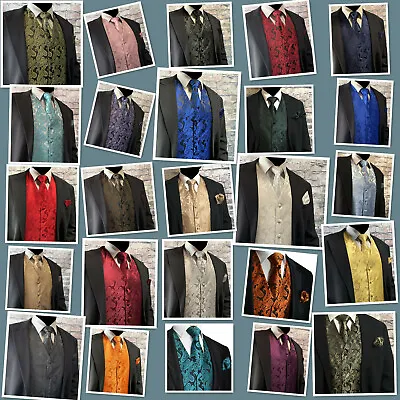 XS - 6XL Men Paisley Dress Vest Waistcoat & Necktie And Hanky For Suit Or Tuxedo • $27.89