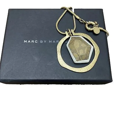 Y2K Marc Jacobs White Circle Pendant Necklace Hammered Gold Brass Reversible • $16.99