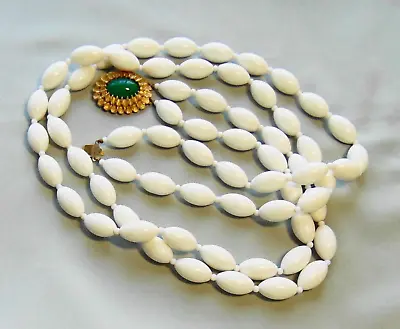 Vintage GOLDETTE Jade Gemstone Clasp White Lucite 2-Strand Bead Necklace L24-26  • $34.99