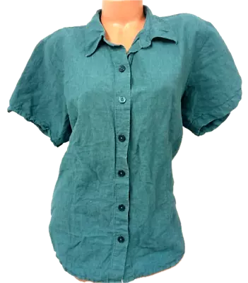 Venezia Blue Button Down Linen Blend Women's Short Sleeve Top 18/20 • $13.99