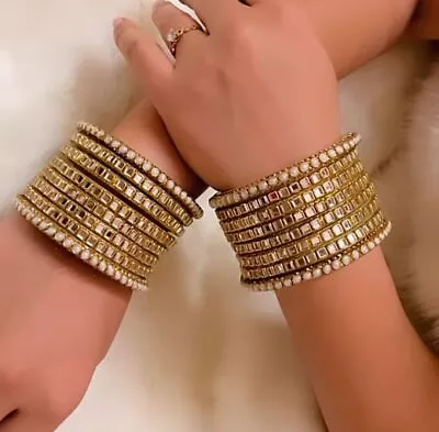 Bollywood Indian Gold Plated Bracelet Kundan Bangles 16 Chudi Kada Jewelry Set • $24.99