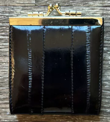 Vintage Mini Black Double Kiss Lock Wallet Eel Skin Leather Coin Purse 3”x2.5” • $12.75