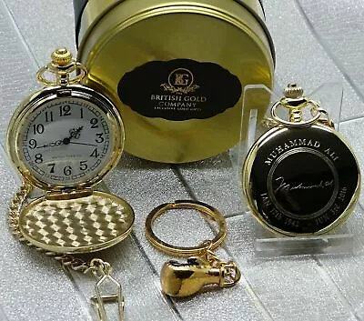 MUHAMMAD ALI Signed 24k Gold Clad Pocket Watch Boxing Glove Keyring Set And Case • $49.72