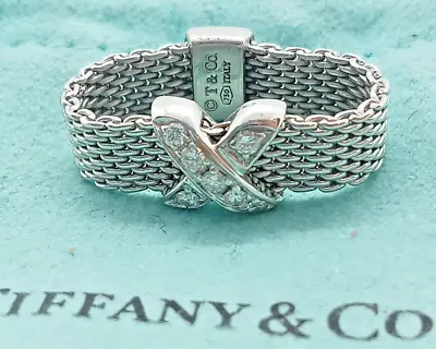 Tiffany & Co 18k White Gold Somerset Mesh Diamond X Ring Size 6 • $899.99