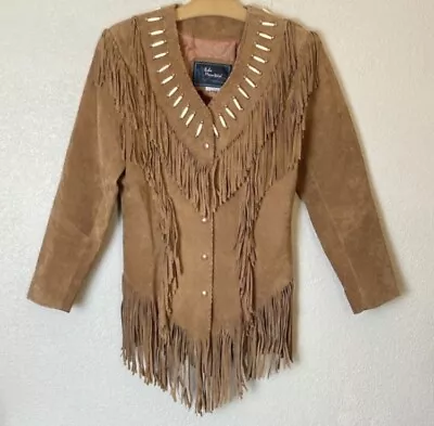 ARTURO ECHO MOUNTAIN SUEDE LEATHER FRINGE JACKET VINTAGE WESTERN BEADED Sz 8 • $100