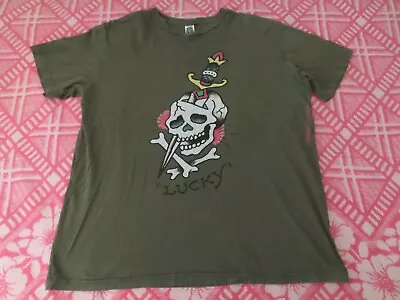 Vintage Don Ed Hardy Shirt Green Lucky Flash Skull Shirt Men's 2XL Made In Usa • $45