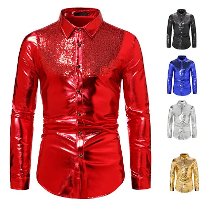 Mens Sequin Shirt Party Nightclub Dance T-Shirt Long Sleeve Shiny Button Tops • £14.99