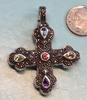 $42 • Buy Sterling Silver Marcasite Multi-Gemstone Maltese Cross Pendant Strand Enhancer