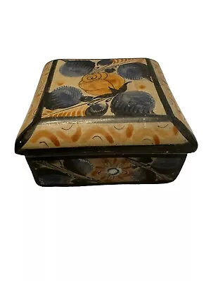 Mexican Pottery Lidded Hand Painted Trinket Box 4”W X 2”H • $14