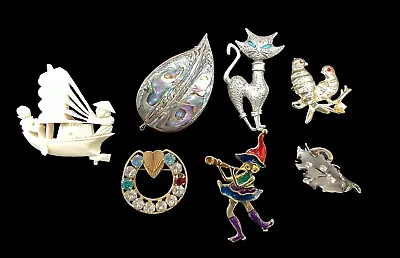$28 • Buy Vintage Jewelry Pin Brooch 7pc Lot WEARABLE Pixie Flute Boat Cat Birds Leaf