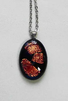 Vintage MURANO Copper Foil Navy Blue Art Glass Pendant Silver Tone Necklace L17  • $19.99