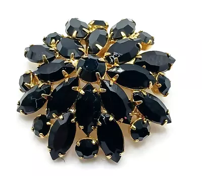 Vintage High End Rhinestone Brooch Jet Black Navettes Domed Flower Mourning Pin • $23.95