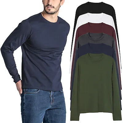 £7.99 • Buy Mens Long Sleeve T-Shirt Slim Fit 100% Cotton Plain Crew Round Neck Tee Tops New