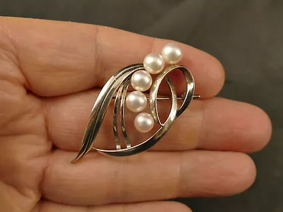 Mikimoto (5) Akoya Pearls Signed Sterling Brooch Pin Japan Vintage Tucson Estate • $112.99