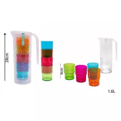 Plastic Jug With Handle Lid Water Juice Cocktail Drinks Pitcher 4 Tumblers Cups • £11.99