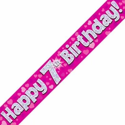 9ft Pink Happy 7th Birthday Holographic Foil Banner Age 7 Party Decorations • £1.99