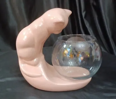 Vintage Pink Cat Glass Beta Gold Fish Bowl 9  Ceramic Mid Century Retro  • $72.25