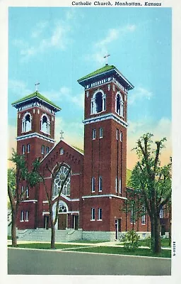 Catholic Church Manhattan Kansas Posted In 1952 Postcard • $3.75