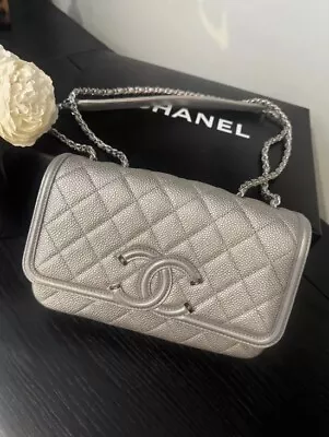 Chanel CC Filigree Small Flap Bag Silver Caviar New! • $7500