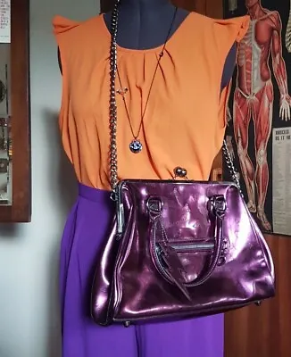 Betsey Johnson Vintage Y2K Metallic Purple Large Emo Goth Kiss Lock Kelly Bag • $174.24