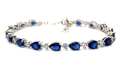 £24.99 • Buy Silver Blue Sapphire & Diamond 12.48ct Adjustable Tennis Bracelet(Free Gift Box)