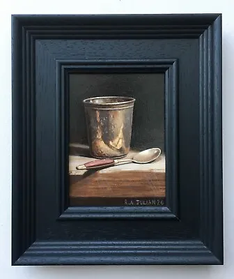 Oil Painting Original 6 X4.5   Gilt Spoon Silver Cup  Framed R A Julian • £95